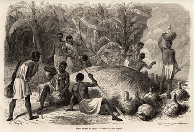 Degustace pombe (kvašení alkoholického nápoje), v Karague (západně od Viktoriina jezera, v dnešním Zimbabwe), kresba Emila Bayarda (1837-1891), ilustrující objevnou cestu kapitána Spekeho v Africe v letech 1860 až 1863. Gravírování v od Emile Antoine Bayard