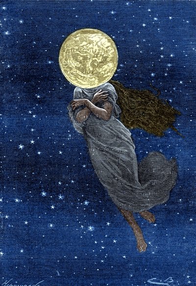 Rytina (od Emila Bayarda) knihy Julese Verna „“Around the Moon““ (vydání Hetzel/Voyages extraordinaire 1870): Popis měsíce nakresleného s tělem mladé ženy (text J. Verne): „“... plněné povrch, prasklý, skutečný skimmer, hodný u od Emile Antoine Bayard
