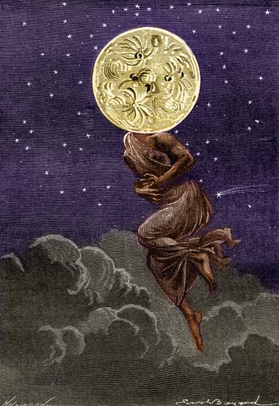 Rytina (od Emila Bayarda) knihy Julese Verna „Around the Moon““ (vydání Hetzel/Voyages extraordinaire 1870): Měsíc zosobněný tělem mladé ženy... trpící kolikou! od Emile Antoine Bayard