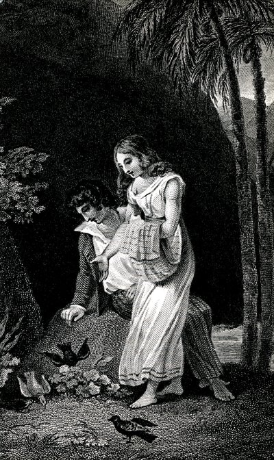 Rytina ilustrující vydání románu Jacques-Henri Bernardin de Saint Pierre (Jacques Henri Bernardin de Saint-Pierre): Paul et Virginie z konce 19. století. V blízkosti mladého páru milenců v lese bez obav přistávají ptáci. Kresba b od Emile Antoine Bayard