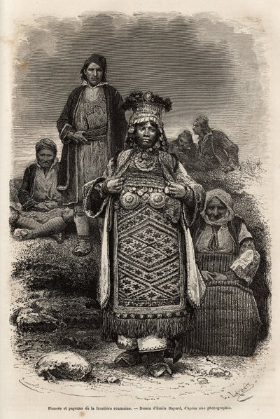 Snoubenci a rolníci z rumunských hranic, rytina podle kresby Emila Bayarda, znázorňující cestu do Bulharska, od Guillaume Lejeana, v roce 1867, publikováno v „“Le tour du monde““ 1873, editoval Edouard Charton, vydání Hachette, Paříž . Se od Emile Antoine Bayard