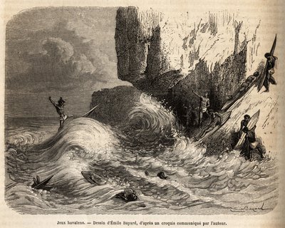 Havajské hry, na propasti Mokapuu na ostrově Oahu, se obyvatelé rozptylovali tím, že cvičili svou oblíbenou hru: surfování, rytí podle kresby Emila Bayarda, znázorňující cestu na Sandwichovy ostrovy v letech 1855-1869 od od Emile Antoine Bayard
