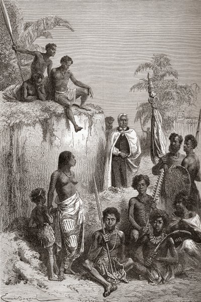 Havajský král Kamehameha I a jeho válečníci, ilustrace z 