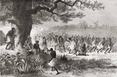 Henry Morton Stanley pozoruje kmen Vouagogos připravující se k boji během své výpravy v roce 1871, ilustrace z knihy "Svět v rukou", vydané v roce 1878. od Emile Antoine Bayard