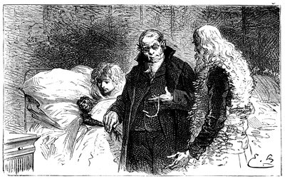 Ilustrace Emile Bayarda k románu Hectora Malota „“ Sans Famille „“: Joli-Coeur (pěkné srdce), nemocná vědecká opice je vyšetřena lékařem (auskultuje lékař, který mu odebere kuře) za přítomnosti Remiho a Monsieur Vitalis - Hetze od Emile Antoine Bayard