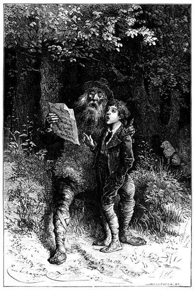 Ilustrace Emila Bayarda k románu Hectora Malota "Sans Famille": Remi zpívá s panem Vitalisem, potulným umělcem - pouličním hudebníkem, saltimbankou - Edition Hetzel 1880 - od Emile Antoine Bayard