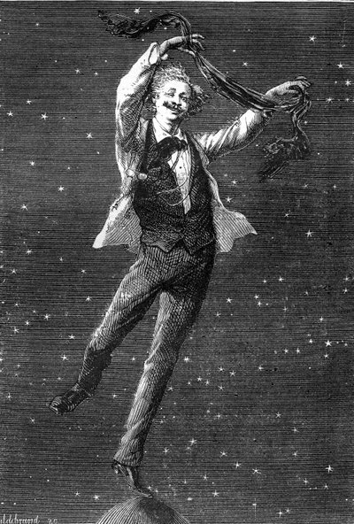 Ilustrace románu Julese Verna „Around the Moon“, kresba Emile Bayard, vydání Hetzel/Voyages extraordinaire 1870. Tato ilustrace zdůrazňuje vztah inspirace mezi dvěma romány „lunar““ od Julese Verna a dvěma alby T. od Emile Antoine Bayard