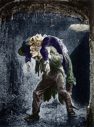 Jean Valjean, Marius zraněný na zádech, prchající ve vodě Paříže Ilustrace románu „Les Miserables“ od Victora Huga (1802-1885) Ilustrace Emile Bayard - (Jean Valjean přivádí Mariuse na zádech skrz stoky Paris) Rytina Pr od Emile Antoine Bayard