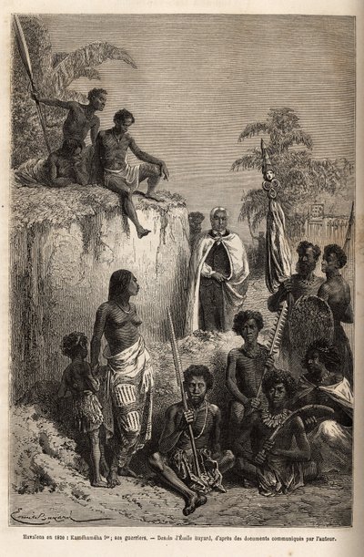 Kamehameha I (asi 1758-1819), král Havajských ostrovů a zakladatel jejich jednotky, obklíčil havajské válečníky a některé poddané v Honolulu, rytina podle kresby Emila Bayarda, ilustrující plavbu na Sandwichovy ostrovy v letech 1855-69 , od C od Emile Antoine Bayard