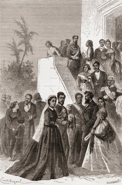 Kamehameha V, centrum, s rodinou, ilustrace ze „Světa v rukou“, rytý Henri Theophile Hildibrand (1824-97), vydáno 1878 od Emile Antoine Bayard
