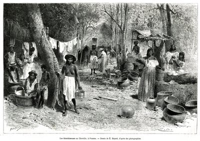 Les blanchisseuses au Chorillo, Panama, rytina podle kresby E.Bayarda pro ilustraci příběhu Průzkum šíjí Panamy a Darienu, od A. Recluse, poručíka lodi, v letech 1876 až 1878, publikovaný v tour du monde, pod vedením od Emile Antoine Bayard