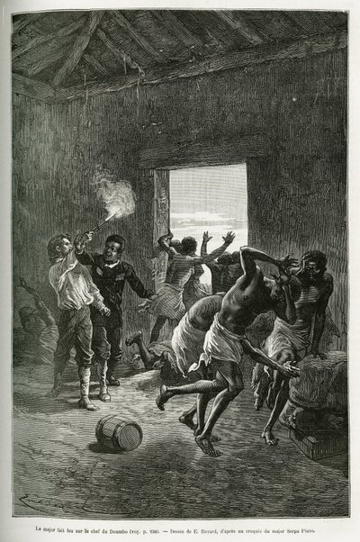 Major Serpa Pinto vystřelil na náčelníka vesnice nebo zastavil, protože výměnou za pohostinnost požadoval ještě více brandy. Rytina Emila Bayarda pro ilustraci příběhu, jak jsem prošel Afriku, od Atlantského oceánu po Indický oceán, od Majo od Emile Antoine Bayard