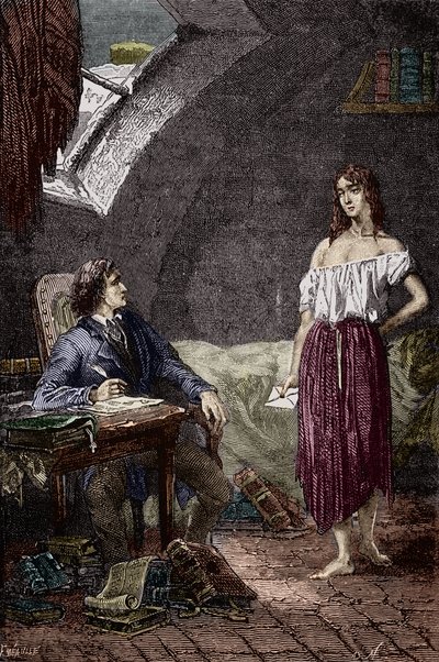 Marius a Eponine, starší dcera Thenardierů a zamilovaná do Maria Ilustrace románu „Les Miserables“ od Victora Huga (1802-1885) Ilustrace Emile Bayard - (Eponine Thenardier (dívka Jondrette) a Marius) Rytina Soukromá sbírka od Emile Antoine Bayard