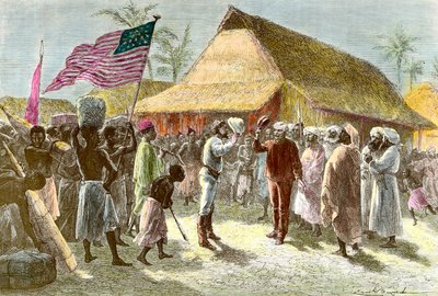 Setkání v Ujiji na břehu jezera Tanganika mezi Henrym Mortonem, explodářem a novinářem z Walesu (1841-1904) a Davidem Livingstonem, skotským misijním průzkumníkem afrického kontinentu (1813-1873), 10. listopadu od Emile Antoine Bayard