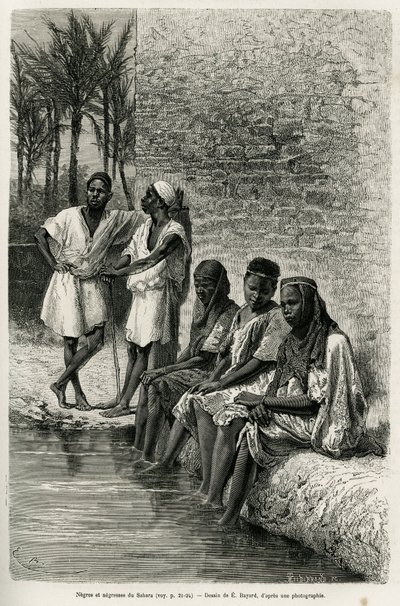 Negresové a negresové ze Sahary, na březích Oued Rihr. Rytina E. Bayarda pro ilustraci Alžírské Sahary, V. Largeau, v letech 1874-1878, publikovaná v Tour du monde, pod vedením Edouarda Chartona (1807-1890) od Emile Antoine Bayard