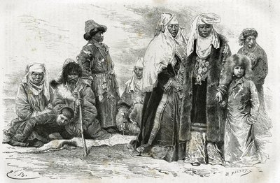Chudé a bohaté kyrgyzské ženy. Rytina Emila Bayarda pro ilustraci cest z Orenburgu do Samarkandu, Marie de Ujfalvy-Bourdon, mezi 1876 a 1878, v Tour du monde, režie Edouard Charton od Emile Antoine Bayard