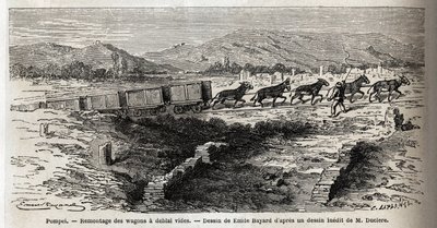 Opětovná montáž prázdných vozů během vykopávek v Pompejích v roce 1864, kresba Emila Bayarda (1837-1891), pro ilustraci textu Marca Monniera (1829-1885) „“Pompeje a Pompeje““. Rytina v „“ Le tour du monde““, editoval Edouard Charton od Emile Antoine Bayard