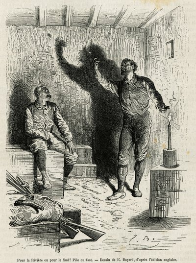 Sir Henri Morton Stanley (1841-1904) a Franck Pock, jeho společník na průzkum, rozhodli o hromadě nebo tváři itineráře své cesty, kterou nakreslil Emile Bayard, aby ilustrovali příběh „Through the Mysterious Continent““ (Rovníková Afrika), plavba c od Emile Antoine Bayard