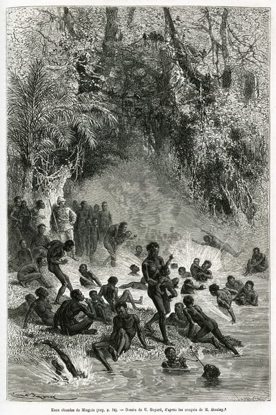 Sir Henri Morton Stanley (1841-1904) uprostřed koupajících se v regionu Karagoue (Kamerun), kteří se ponoří do horké a léčivé vodní nádrže v soutěsce Mtagata, kresba Emile Bayard, aby ilustrovala příběh „Through the Mysterious kontinent“, a od Emile Antoine Bayard