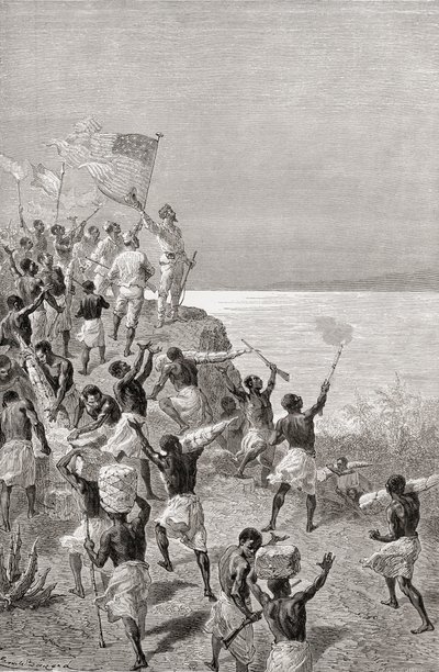 Stanley a jeho expedice poprvé spatřili Tanganiku ve východní Africe v roce 1872, ilustrace z „The World in the Hands“, vydané v roce 1878 od Emile Antoine Bayard