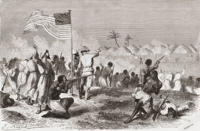 Stanleyho útok na Zimbizo během jeho expedice v roce 1871, ilustrace z 