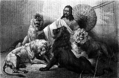 Císař (ras) Theodoros Habešský obklopený svými lvy. rytina z poloviny 19. století. Ilustrace Emile Bayard. od Emile Antoine Bayard