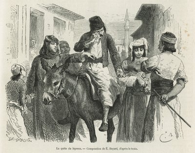 The Leproux Quest in Chio, kresba Emile Bayard, pro ilustraci příběhu „Ostrov Chio“ (východní Turecko), v roce 1877, od Dr. A.Testevuide. Rytina v Le tour du monde od Emile Antoine Bayard