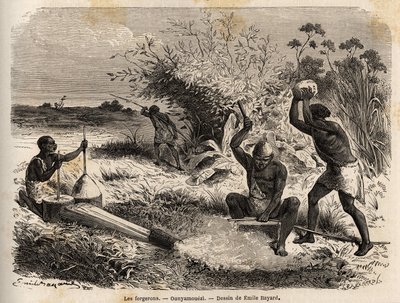 Kováři v ounyamouezi (oblast Velkých jezer, Afrika), kresba Emila Bayarda (1837-1891), ilustrující objevnou cestu v Africe v letech 1860 až 1863 kapitána Spekeho. Rytina v „“Le tour du monde““, editoval Edouard Charton od Emile Antoine Bayard