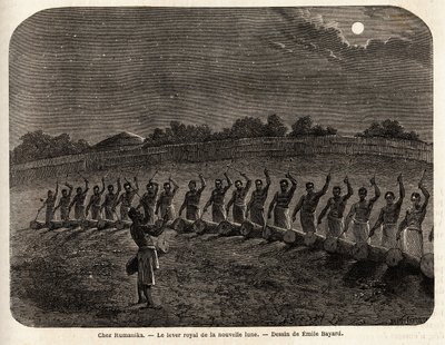 Obřad bubnů pro východ nového měsíce v čele kmene Rumanika v Karague (západně od Viktoriina jezera, v dnešním Zimbabwe), kresba Emile Bayarda (1837-1891), ilustrující plavbu kapitána Spekeho objevu v Africe z roku 186 od Emile Antoine Bayard