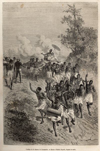 Sbor Cassemmbeho manželky projde před Livingstonem, který ji pozdraví, vyryto podle kresby Emila Bayarda, ilustrující poslední deník Davida Livingstonea (1813-1873), v letech 1866-1873, publikovaný v „“Le tour du monde”” 1875, edited by Edouard Charton, od Emile Antoine Bayard