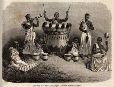 Dvorní orchestr v Karague (západně od Viktoriina jezera, dnešní Zimbabwe), kresba Emila Bayarda (1837-1891), ilustrující objevnou cestu kapitána Spekeho v Africe v letech 1860 až 1863. Rytina „“ Le tour du monde ““, upravil Edouard Char od Emile Antoine Bayard