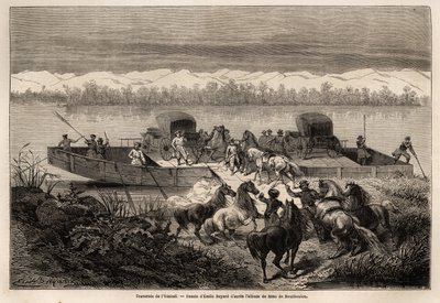Přechod řeky Jenisej (Rusko), kresba Emila Bayarda (1837-1891) pro ilustraci cesty ze Šanghaje do Moskvy v letech 1859 až 1862 pana de Bourboulona, francouzského ministra do Číny. Rytina do „“Le tour du monde““, editoval Edouard C od Emile Antoine Bayard