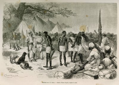 Drzé nosiče expedice zapojené do řetězu, kresba Emile Bayard, pro ilustraci příběhu: Napříč Afrikou, ze Zanzibaru (Tanzanie) do Benguely (Angola), v letech 1872 až 1876, poručík V.H.Cameron. Rytina v Le tour du monde od Emile Antoine Bayard