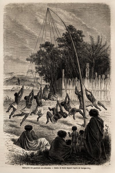 Houpačka novozélandských válečníků v Aucklandské šíji, kresba Emila Bayarda (1837-1891), k ilustraci cesty Ferdinanda de Hochstettera na Nový Zéland v letech 1858 až 1860. Rytina „“Le tour du monde“, edit. Eduard Charton od Emile Antoine Bayard