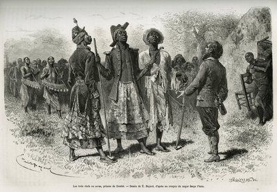 Tři dirigenti (neboli sovas), princové z Dombe (Angola) a jejich suita hudebníků a dvořanů, se setkají s průzkumníkem S.Pintem. Rytina Emila Bayarda pro ilustraci příběhu, jak jsem prošel Afriku, od Atlantského oceánu po Indiu od Emile Antoine Bayard