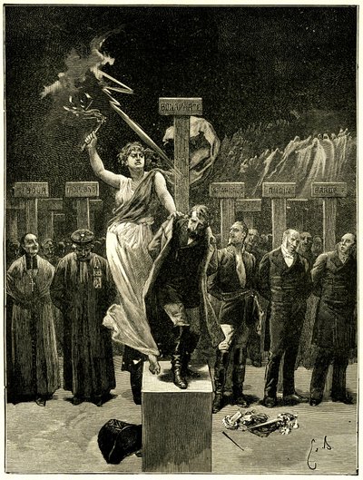Victor Hugo, Les Chatiments, ilustrace Emile Bayard. ““ Bylo by chybou věřit, že tyto věci/skončí s písněmi a apoteózami“““. Říká se, že tato evokace budoucnosti způsobila hrůzu Napoleona 3. od Emile Antoine Bayard