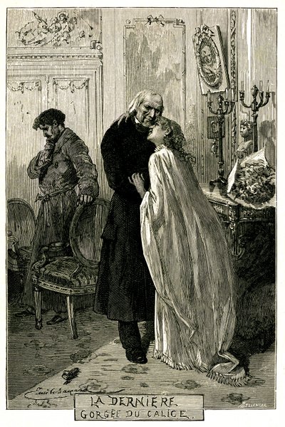 Victor Hugo „Bídníci“, „Poslední soutěska kalicha“. Ilustrace Emile Bayard. Bývalý forcat Jean Valjean zestárnul s Cosette a Mariusem. Rytina edice Ollendorff 1906. od Emile Antoine Bayard