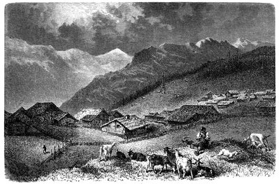 Vesnice v Alpách. Murren, v Berner Oberland, nadmořská výška 1630 metrů. Pastýř drží své stádo koz a ovcí (ovce). Ilustrace Emile Bayard pro knihu Alberta Dupaigne „Les Montagnes“, vydání Mame 1881. od Emile Antoine Bayard
