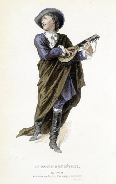 hrabě Almavira v „Holič ze Sevilly“ v „Kompletních dílech Beaumarchaise“, ed. Laplace Sanchez & cie, Paříž od Emile Antoine Bayard