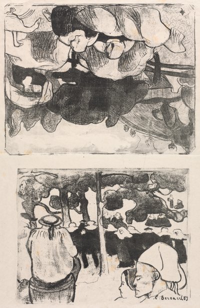 Les Bretonneries: Bretonské ženy dělající kupky sena (Bretonnes Faisant les Foins) a Svatba v Bretani (La Noce en Bretange) od Emile Bernard