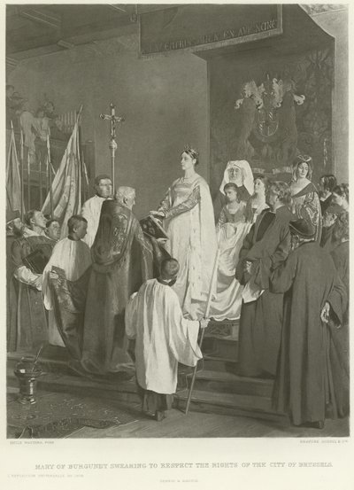 Marie Burgundská přísahá, že bude respektovat práva města Bruselu (hlubotisk) od Emile Charles Wauters