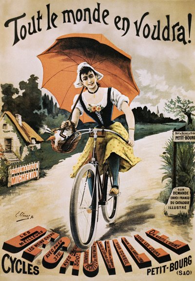 Vintage plakát ženy na kole držící červený deštník od Emile Clouet