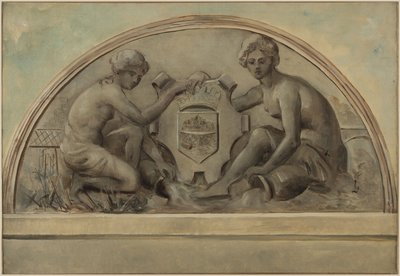 Skica k průčelí školního komplexu v Alfortville: Seina a Marna rámující erb Alfortville, 1898 (olej na plátně) od Emile Delbos