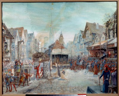 Stoletá válka: „“ Johanka z Arku (1412-1431) je vedena na řezníka““ (Place du Vieux-Marche v Rouenu). Obraz Emile Deshayse (1875-1946) 1901. Sun. 0,73x0,6 m Rouen, Musee des Beaux Arts Pozor! Použití tohoto díla může být předmětem třetí strany aut od Emile Deshays