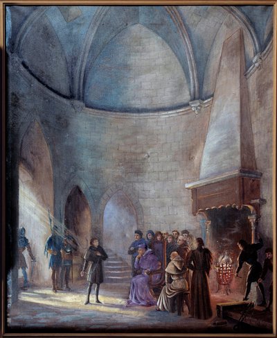 Stoletá válka: „“ Johanka z Arku (1412-1431) je vyslýchána soudci““ Obraz Emile Deshayse (1875-1946) 1901. Ne. 0,73x0,6 m Rouen, Musee des Beaux Arts Pozor! Použití tohoto díla může být podmíněno žádostí o autorizaci třetí stranou nebo dodatečně od Emile Deshays