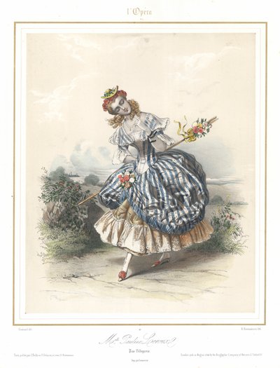 Francouzská baletní tanečnice Pauline Leroux tančí v pařížské opeře, c1840 (barevné lito) od Emile Desmaisons