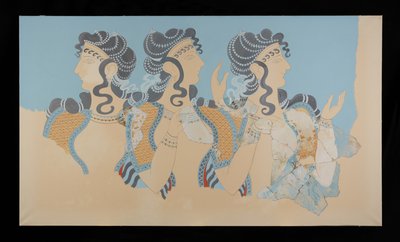 Malba zrestaurovaných dam v modré fresce z paláce Minos v Knossosu (Evans Fresco Drawing O/7) od Emile Gilliéron