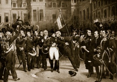 Napoleonovo loučení s generály ve Fontainbleau, 1814, ilustrace z knihy "Hutchinson