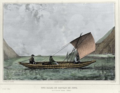 Balsa nebo vyrážková loď na jezeře Titicaca (Bolívie). Litografie Emile Lassalle (1813-1871) - v „“Plbě v Jižní Americe““ Alcide D