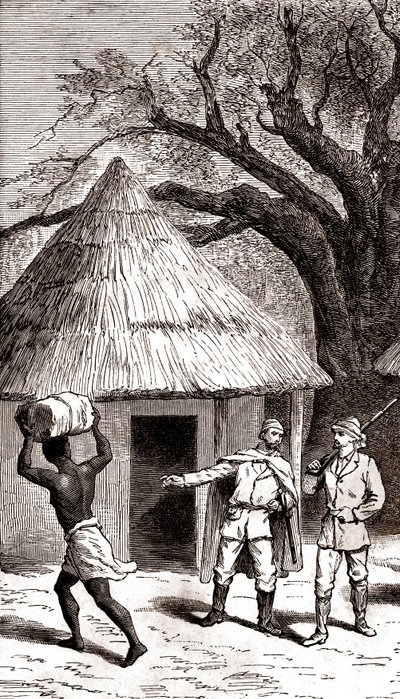 Průzkumníci a nosiči před africkou chýší, 1887 (
